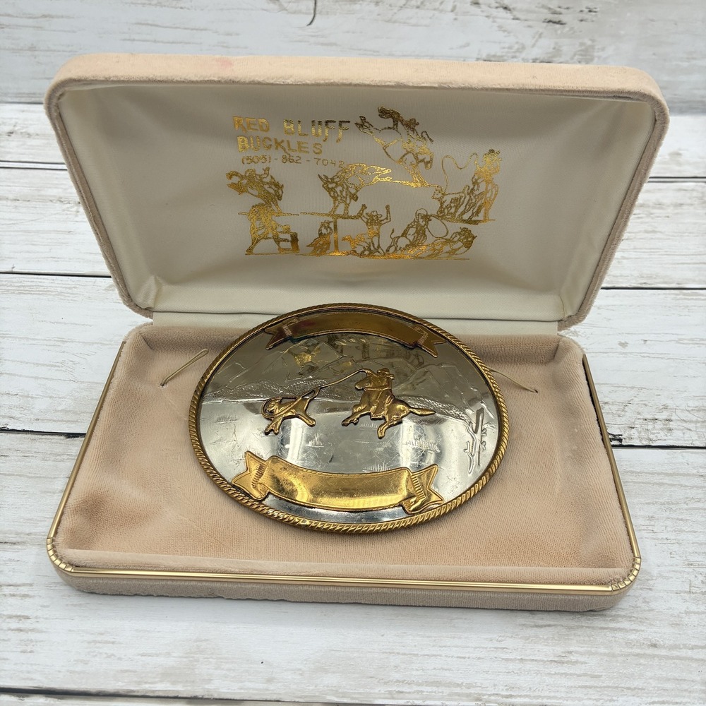 Vintage Red Bluff Buckles German Silver Gold Tone Rodeo Cowboy Belt Buckle In